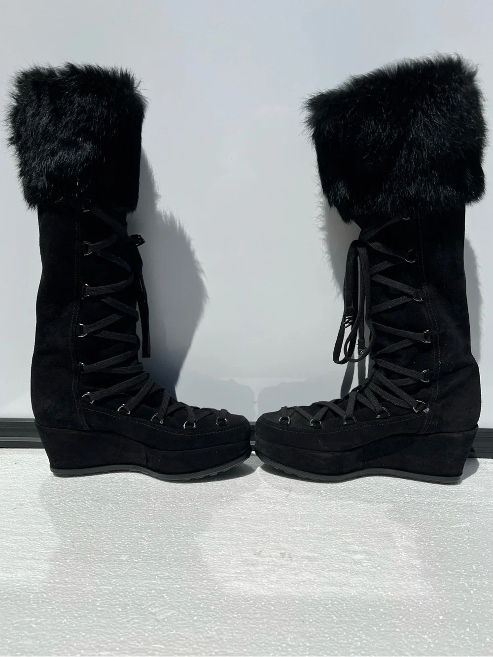 Stuart Weitzman Women's Black Suede Knee High Lace Up Fur Boots Platform 7.5